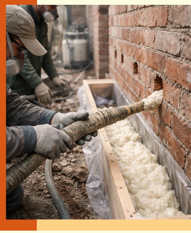 Заливка ППУ в пустоты кирпичной стены в Ишимбае