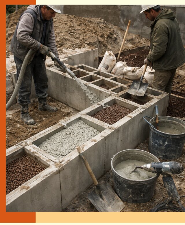 Заполнение полостей фундамента в Ишимбае герметичным утеплением и повышением прочности